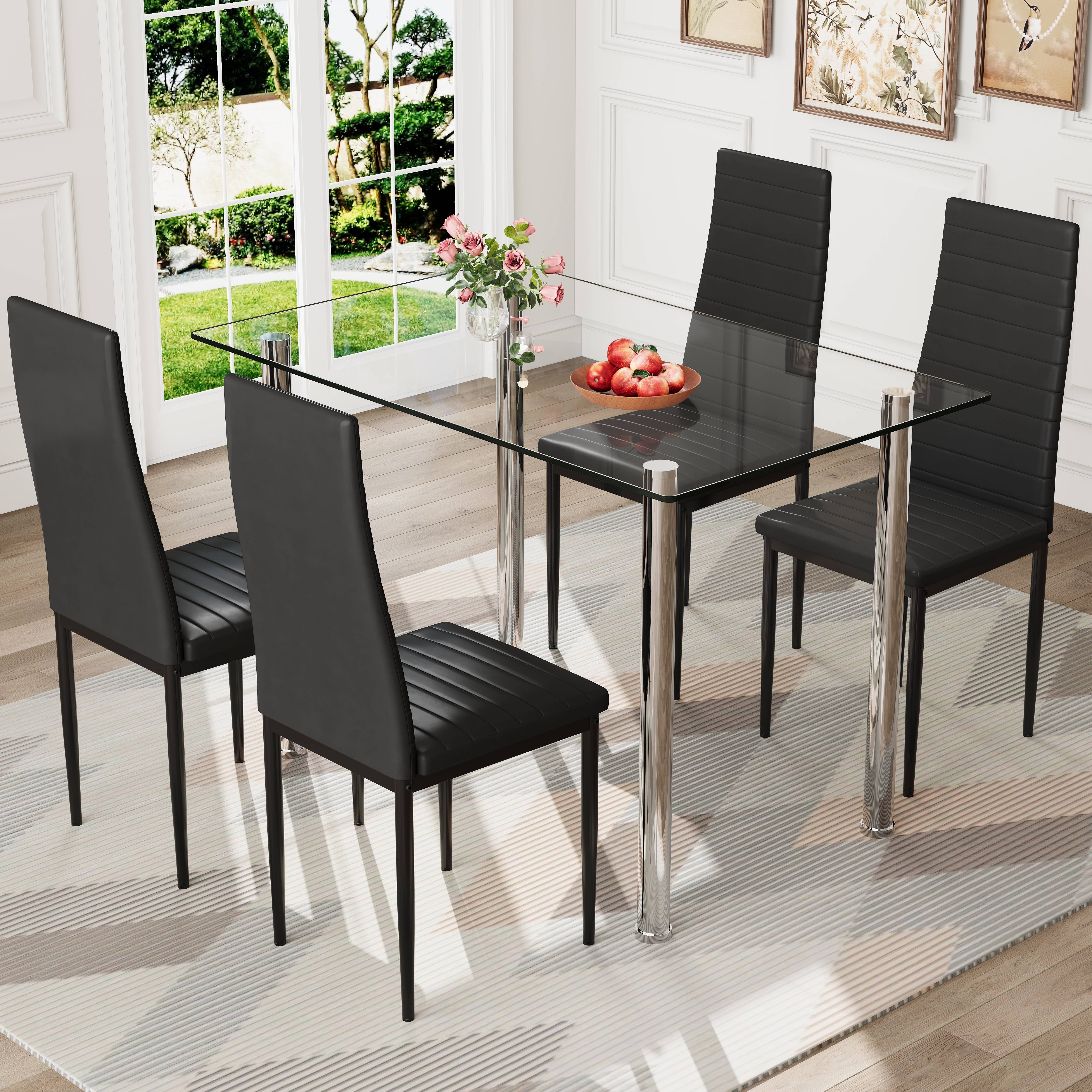 PAPROOS Dining Table Set for 4, Modern Kitchen Table Sets with Tempered Glass Dining Table and 4 PU Leather Chairs, Compact Dining Room Set for Small Space, Home Dinette Set for 4, Black