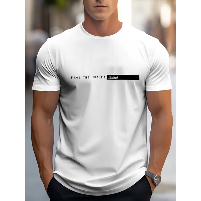 Men's Casual Athletic T-Shirt - Crew Neck, Short Sleeve with Bold "FACE THE FUTURE" Print, Lightweight & Breathable for Summer Sports and Casual Attire, Casual Sporty Tee, Comfy Tee