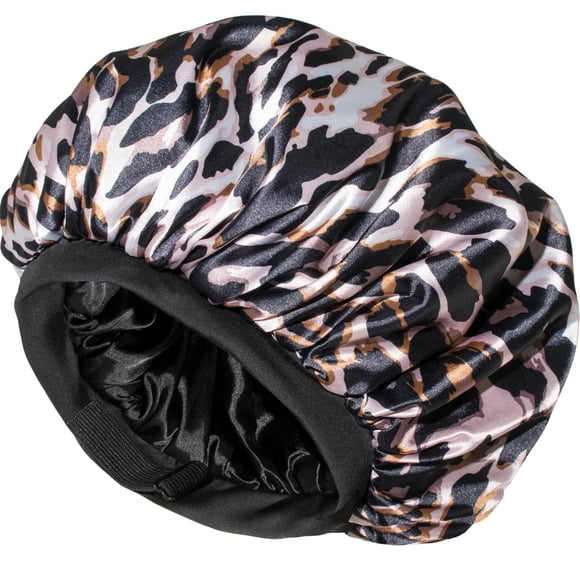 Satin Bonnet Adjustable Sleeping Silk Bonnet Black Women Men Double Layer Satin Silk Sleep Cap Hair Wrap Large Curly Hair, Leopard, One Size