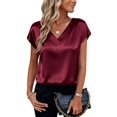 thumbnail image 2 of Women Silk Satin Tops Cap Short Sleeve Blouse V Neck Shirts Business Casual Outfits Wine Red S, 2 of 7