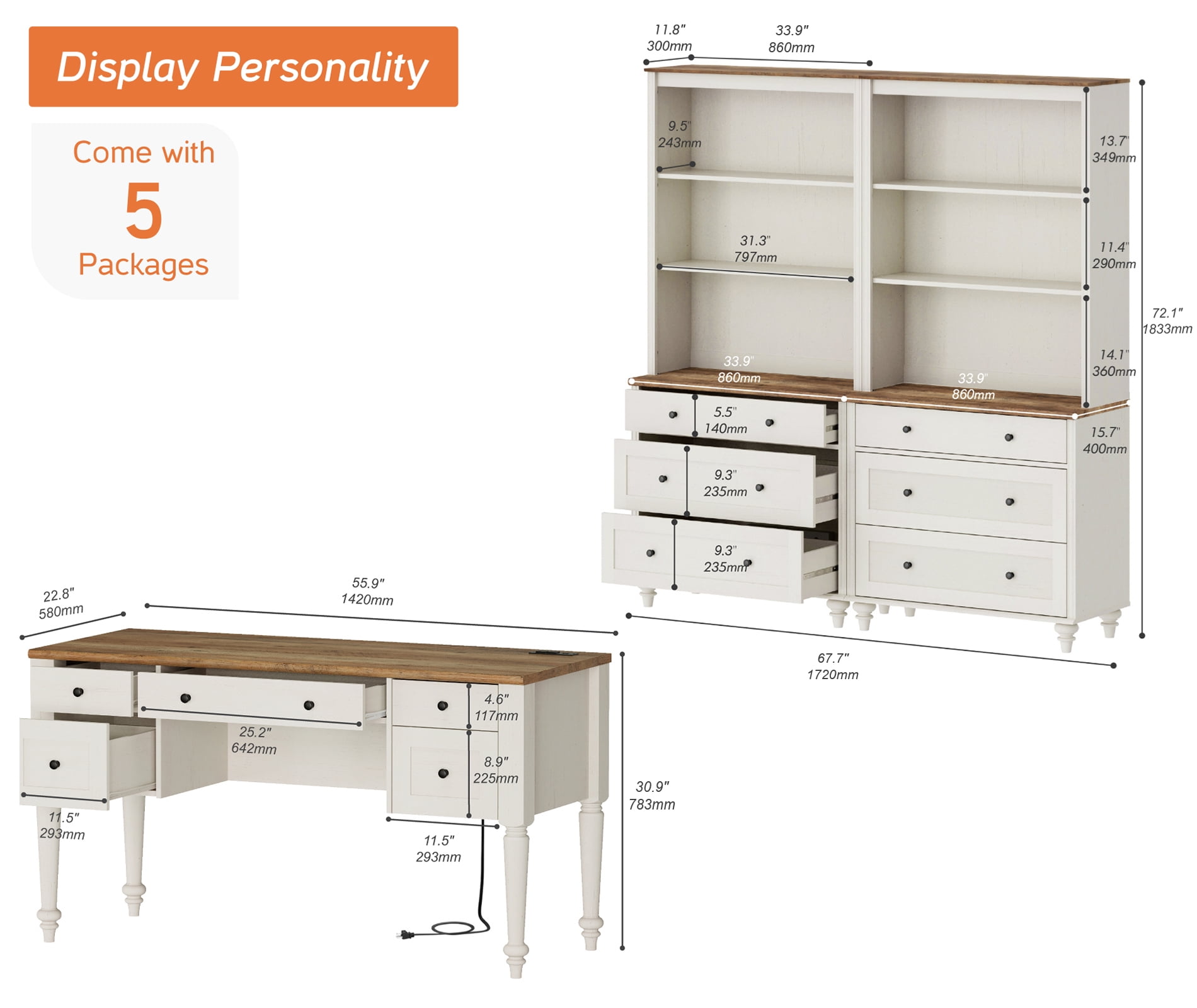 Home Office Furniture Set, 56" Executive Desk with Charging Station, 72" Tall Bookcase with 6 Drawers, Wood Computer Desk with File Cabinet Storage, Open Shelf, White