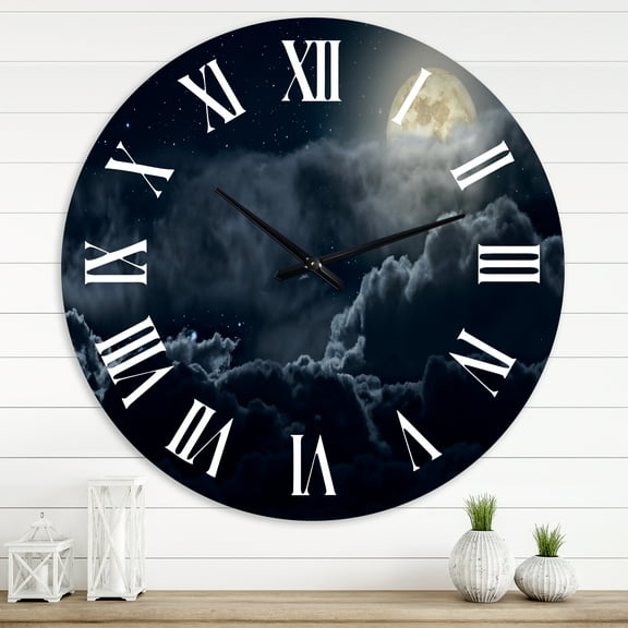 Designart 'Cloudy Full Moon Night' Nautical & Coastal Wall Clock