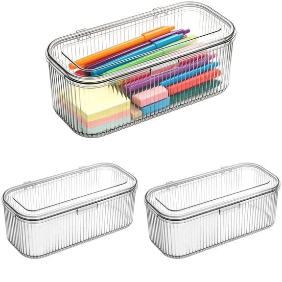 3 Pack Plastic Pen Storage Box, Clear Pencil Case Organizer with Lids for Desk Drawer, 9.8" x 3.9" x 3.6" Multi-Purpose Stackable Container for Office Supplies & Art Craft Accessories
