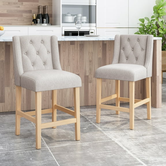 27 Inch Counter Stools, Of 2. Gray And Natural. Button Diamond Stitch Wingback For Comfortable Experience Style Stools. Upholstery, With