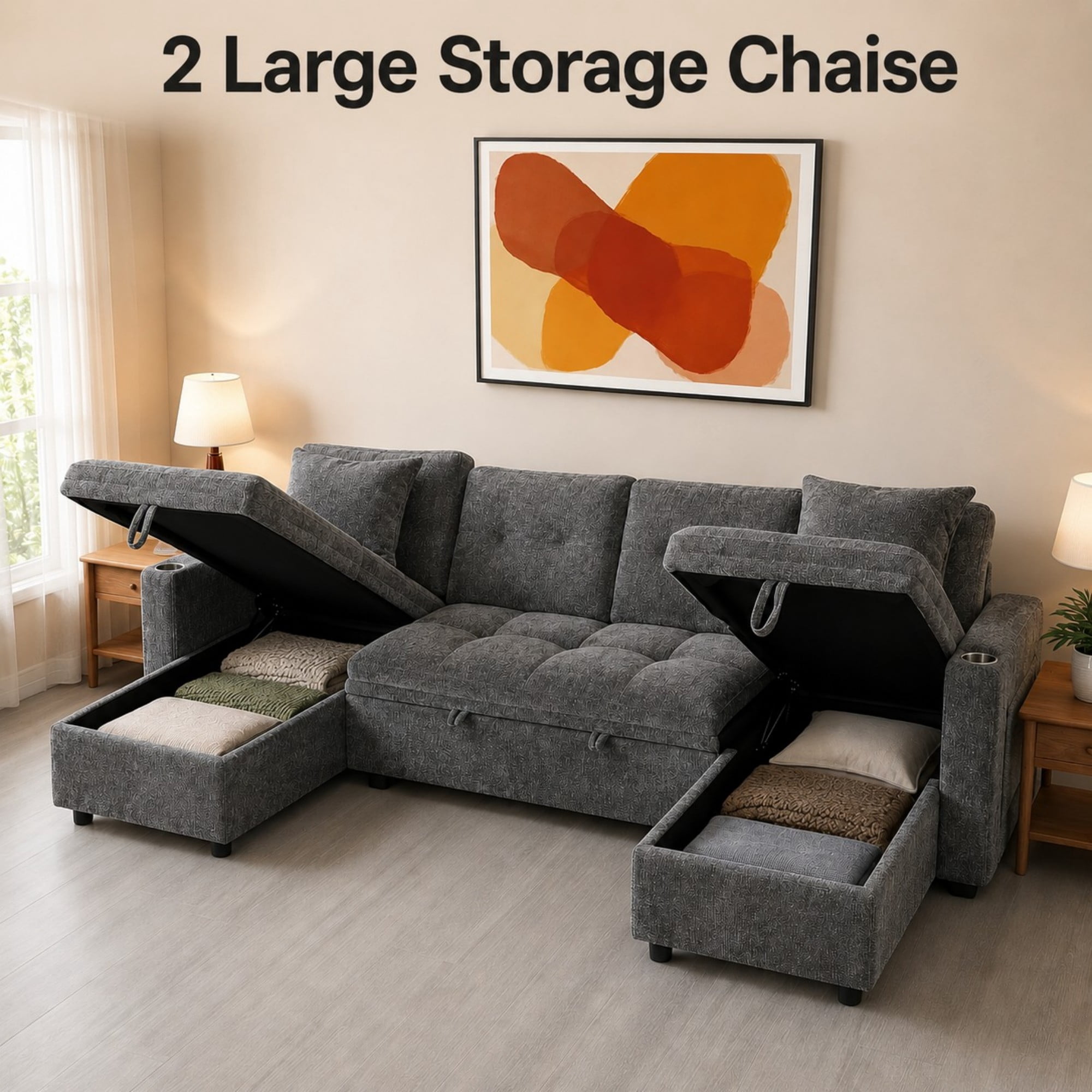 DEALTOPS 108" Chenille U-Shaped Sectional Pull Out Sleeper Sofa Bed with Storage Chaise, USB & Tray Table, Gray