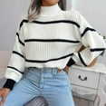 thumbnail image 3 of Mock Neck Striped Detail Drop Shoulder Knit Sweater for Women White Medium, 3 of 5