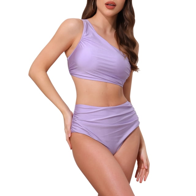 Conjuntos de bikini elegantes de un solo hombro para mujer INSPIRE CHIC, traje de baño de 2 piezas con top push up y bottom de control de abdomen, pequeño color púrpura claro