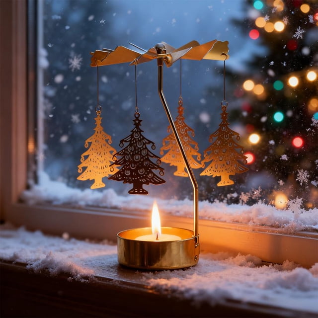 Feltree Rotating Christmas Candle Holder, Golden Snowflake & Tree Design Self-Spinning Candle Holder for Tabletop Decorations, Creates Magical Atmosphere, Holiday & Gift Idea