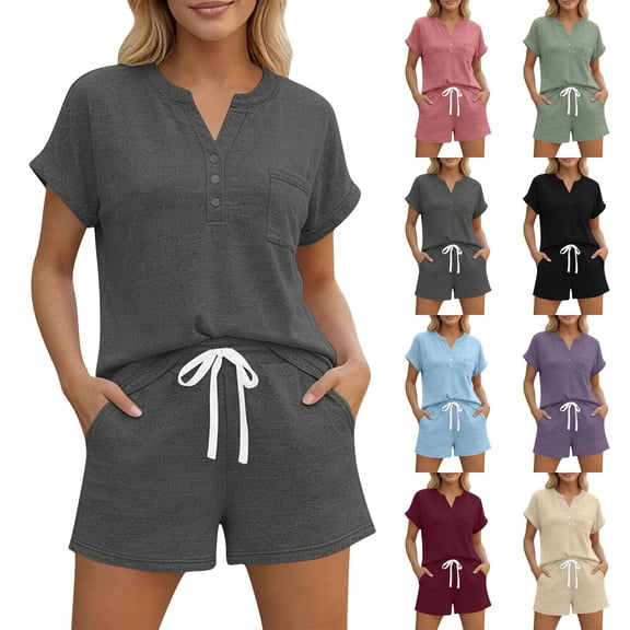 akafmk 2 Piece Outfits for Women Short Sleeve Loungewear Set Button Pocket Tees and Drawstring Shorts SweatSuits with Pockets Fashions Summer Outfit