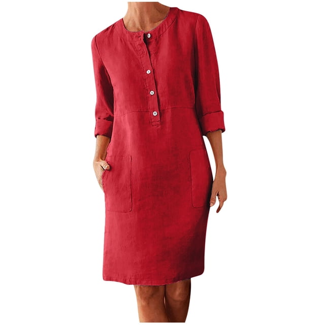 cfhntfmh Robes en Coton et Lin pour Femmes Robe à Boutons à Manches Longues Grande Taille Robe Décontractée Unie avec Poches