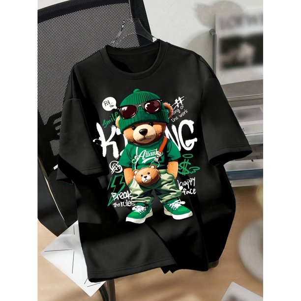 Cartoon Bear Graphic Casual T-Shirt, Cotton Crew Neck, Knit Fabric, Regular Length, for All Seasons, Casual Sporty Tee, Summer Gifts