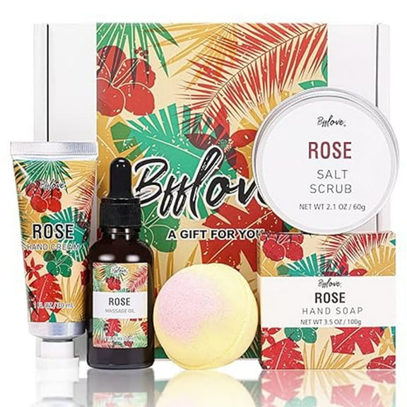 Spa Gift Sets for Women, 5Pcs Rose Bath Kits Include Massage Oil, Bath Bomb, Salt Scrub, Soap, Hand Cream, Birthday Gifts for Mom