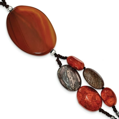 - 925 Sterling Silver Carnelian Reconstituted Coral Red Zebra Jasper Bracelet 7.5inch