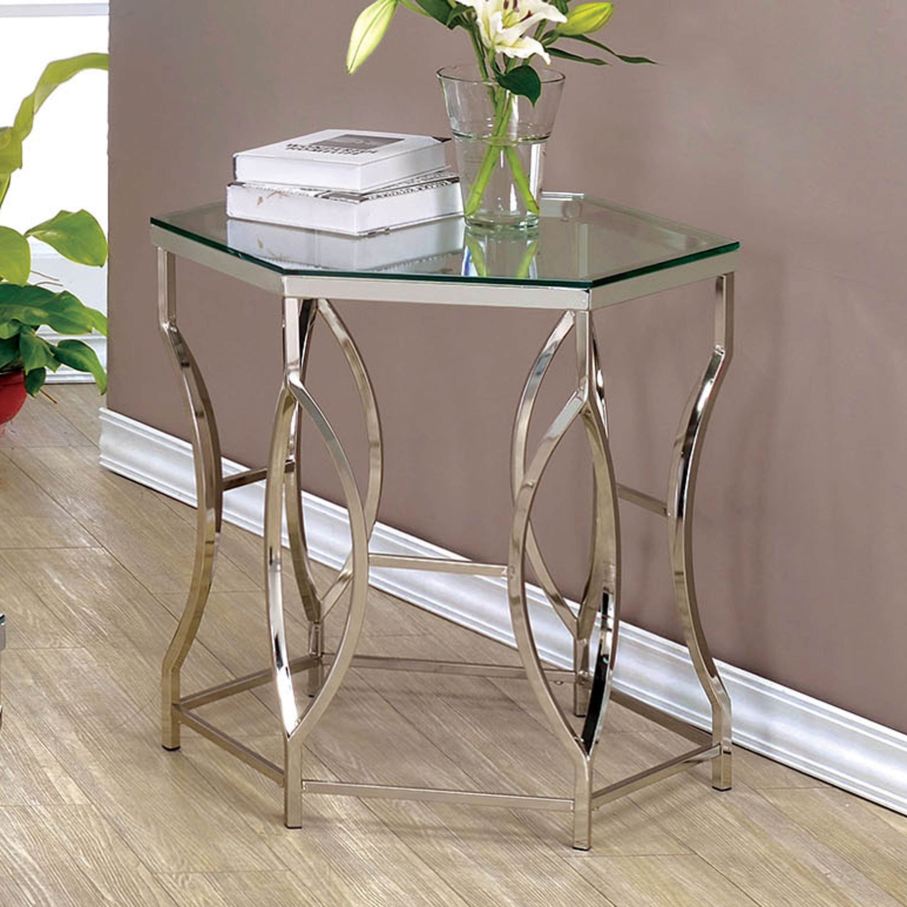 Furniture of America Joslyn Contemporary Glass Top End Table, Chrome ...