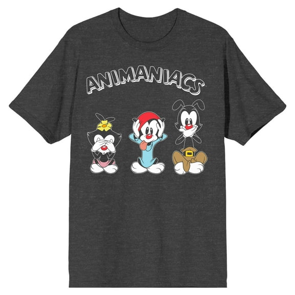 Animaniacs Dot, Wakko, and Yakko Warner Men's Charcoal Heather Graphic Tee-Medium