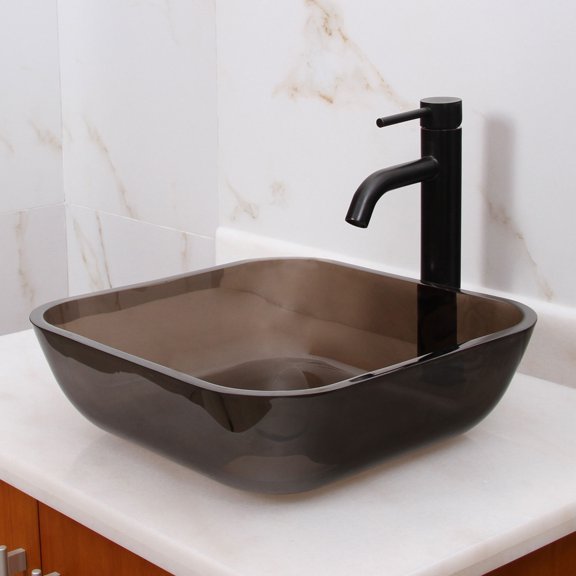 Elite Tinted Brown Transparent Square Tempered Glass Flat Bottom Bathroom Vessel Sink Bowl with Oil Rubbed Bronze Pop-up Drain - 1506+P01ORB