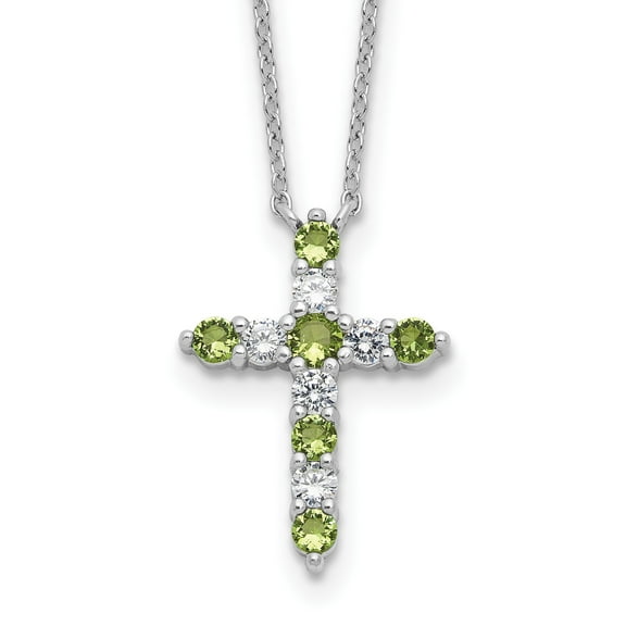 Sterling Silver Cross Pendant Necklace for Men and Women with Green Peridot and Diamond Accents Modern Spiritual Design Adjustable Chain for Layering Contemporary Religious Jewelry