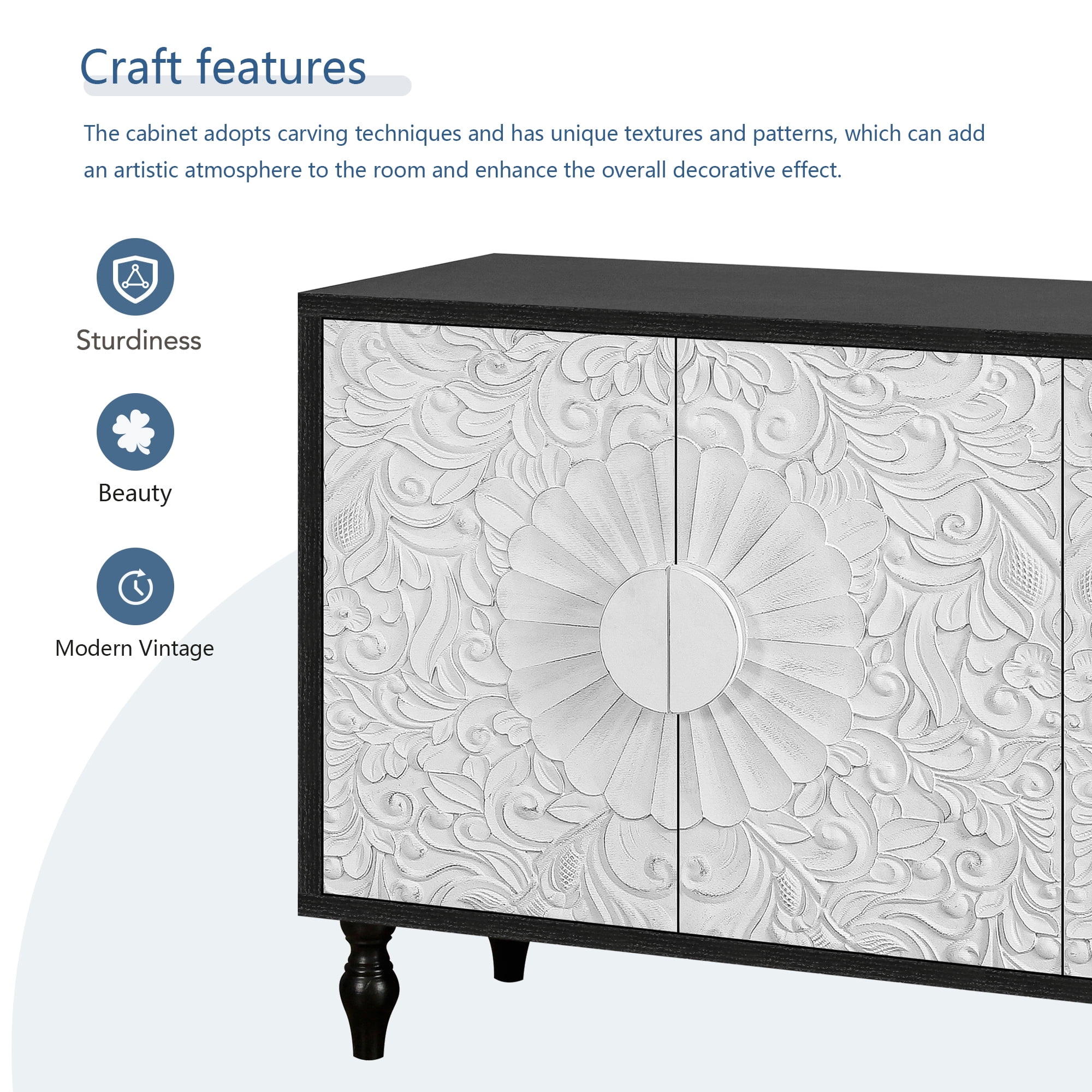 Aukfa 63" Large Accent Storage Cabinet TV Stand with Carved Door for Living Room,Entryway,White