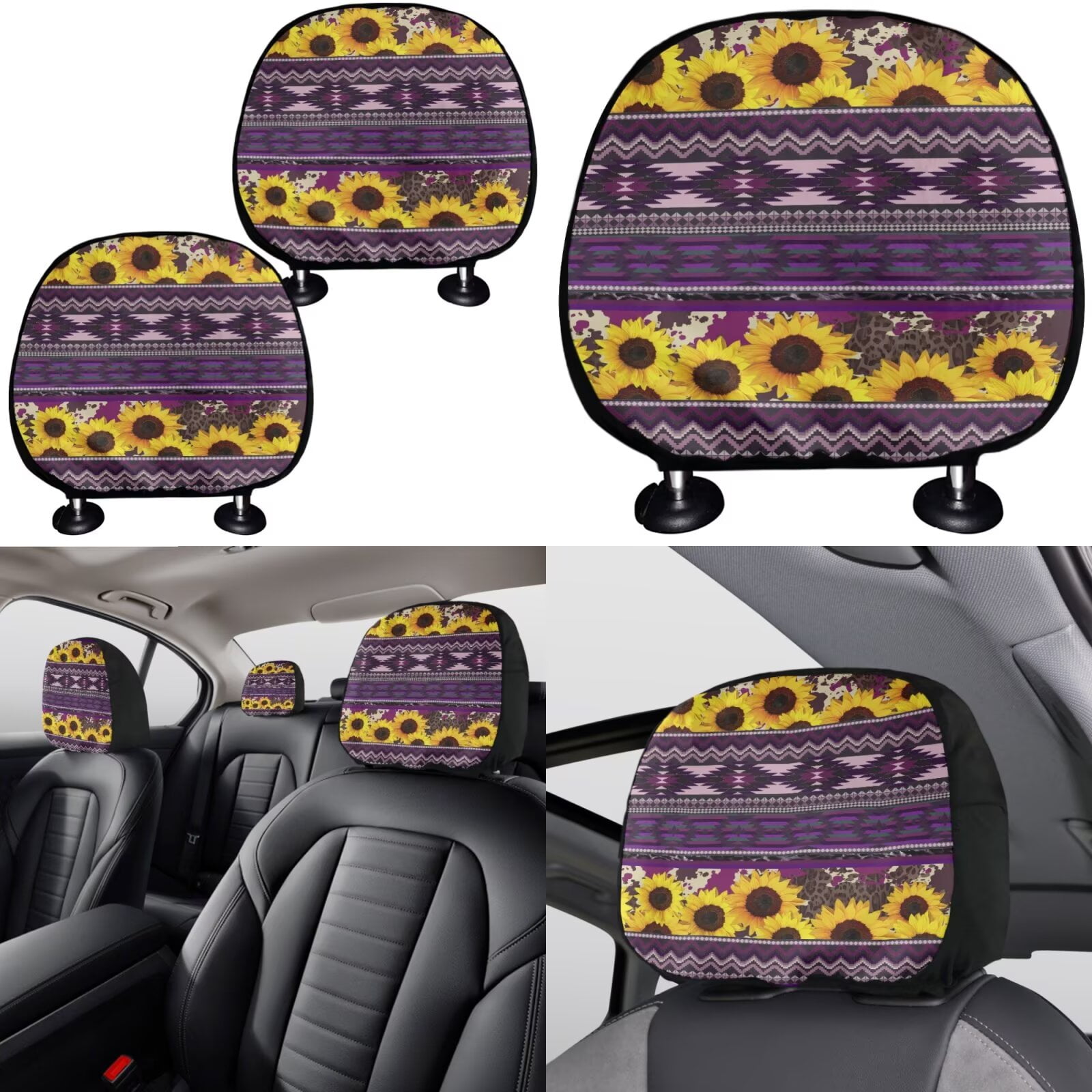 Garronmavis Purple Aztec Sunflower Universal Car Seat Covers Full Set for Steering Wheel Wrap Gear Shift Cover Handbrake Sleeve Headrest Protectors Cup Coasters Super Breathable Car Seat Cushion