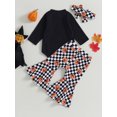 thumbnail image 4 of Wassery Baby Girl Fall Outfits 3 6 12 18 24 Months Infant Girls 3Pcs Halloween Clothes Set Long Sleeve Rompers Pumpkin Checkerboard Print Flare Pant Headband 0-24M, 4 of 9
