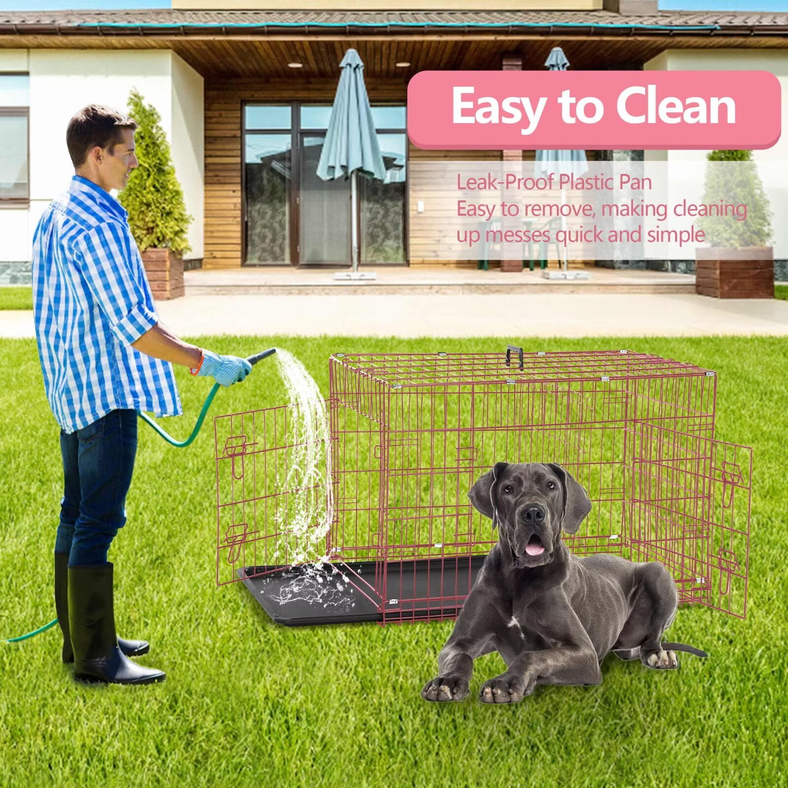 YRLLENSDAN,Dog Crates for large Dogs,large Dog Kennel Indoor,Wire Dog Crates,Collapsible Dog Crate,Crates for Dogs Indoor,48 Inch,Pink