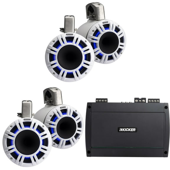 Kicker (2 Pair) 51KMTCXL8W 8" White KMXL Horn-Loaded Tower Speakers & 800 Watt Marine Amp with tube-clamp mounting