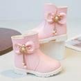 thumbnail image 3 of Girls Snow Boots Sweet Bowknot Fringe Princess Winter Dress Booties Lug Sole Low Heel Warm Furry Lined Zipper Ankle Boots 12.5 Little Kid Pink, 3 of 5