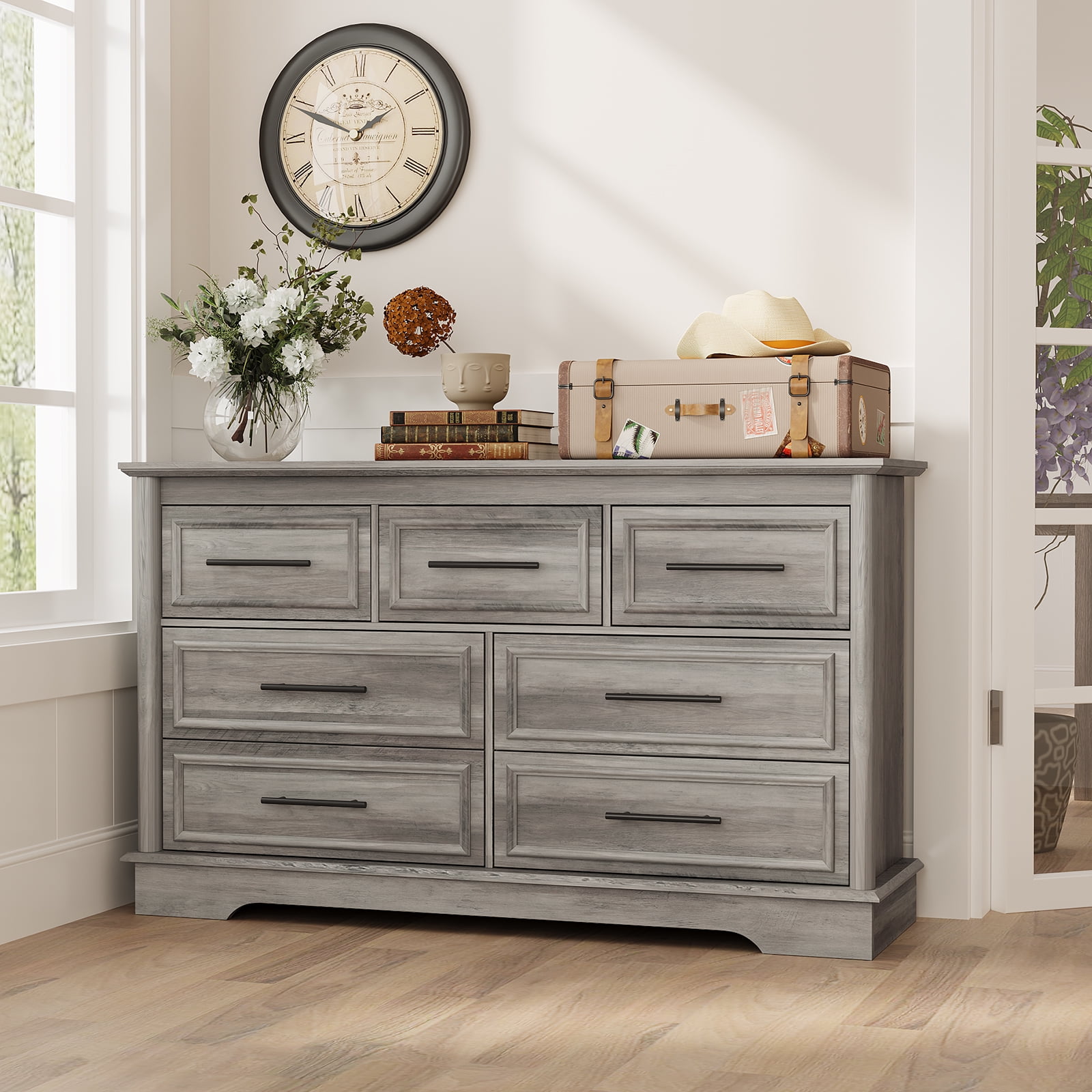 Holliwill 7 Drawers Dresser for Bedroom, Farmhouse 54" Wide Dresser Wood Chest of Drawers for Living Room, Rustic Grey