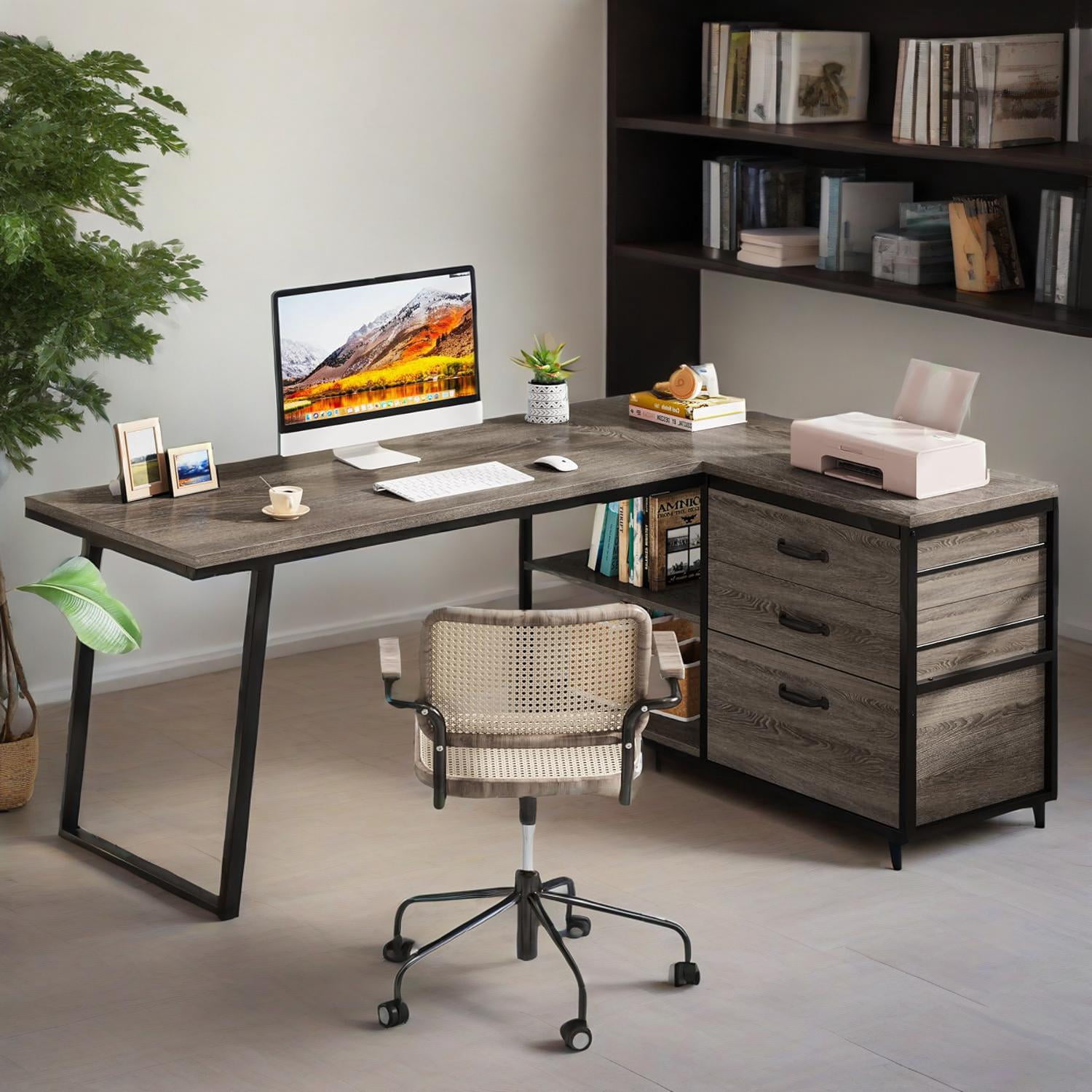 L-Shaped Desk 53In Reversible Corner Desk File Cabinet 3Drawers 2Open Shelves Industrial Style Home Office Computer Desk Adjustable Leg Pads Gaming Writing Executive Sturdy Particle Board Grey Black