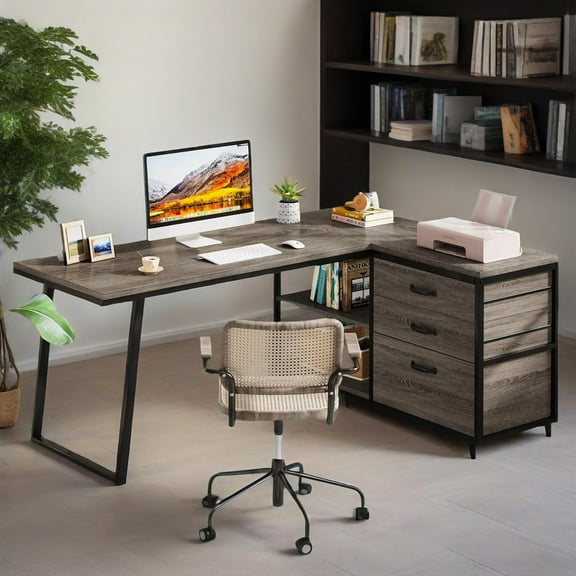 L-Shaped Desk with 3 Drawers, Reversible Corner Home Office Computer Desk with Shelves, 53-Inch Industrial PC Desk Study Writing Table Workstation for Small Space