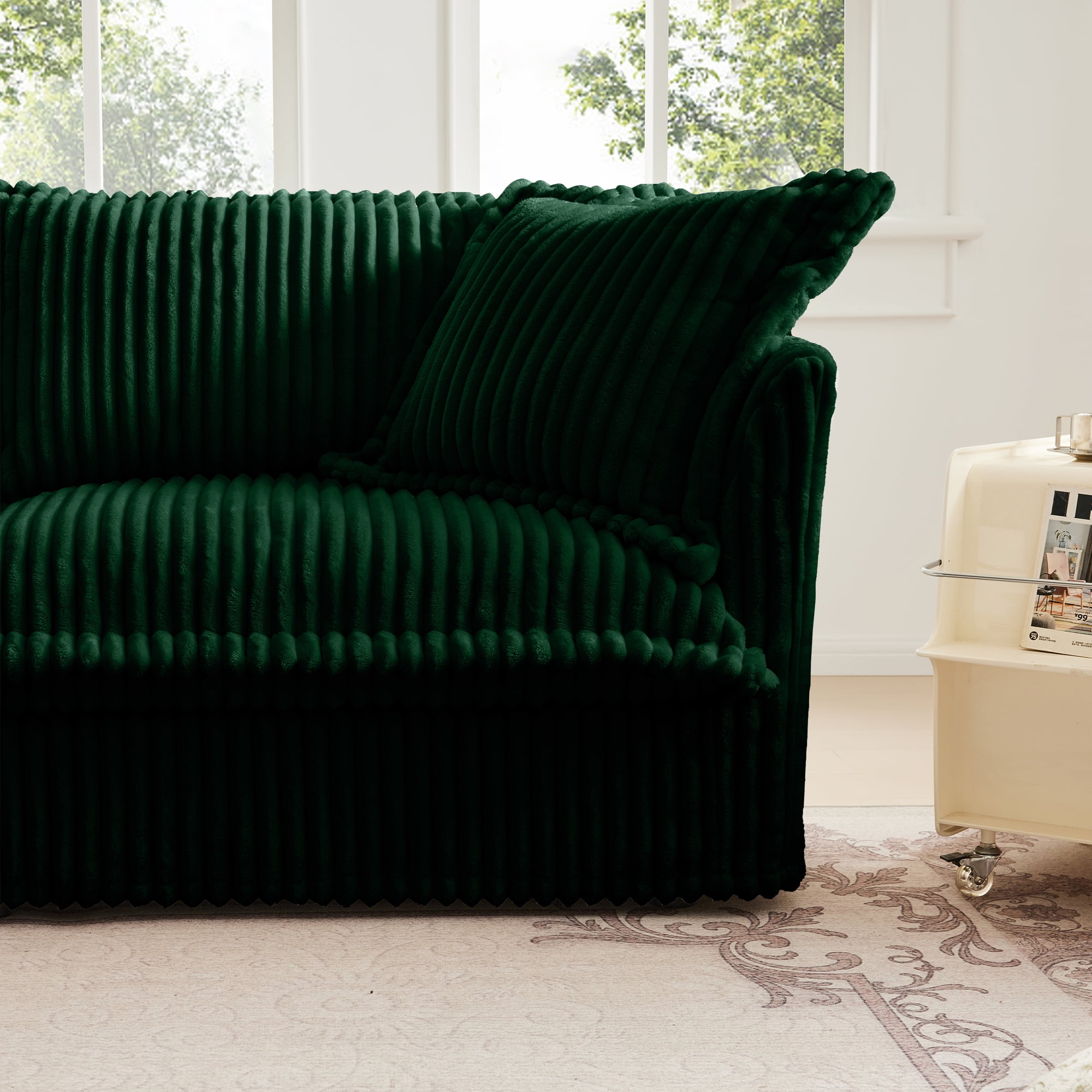 Gewnee Modern Deep Seat 3 Seater Sofa Couch,Green Corduroy Fabric Soft Multiple Big Pillows, Comfy Couch for Living Room, Apartment,