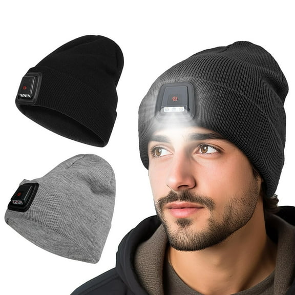 2WIN2BUY Unisex Beanie Hat with Light Built in,LED USB Rechargeable Headlamp Beanie,Gifts for Dad Men Husband Winter Warm Knitted Cap,Black