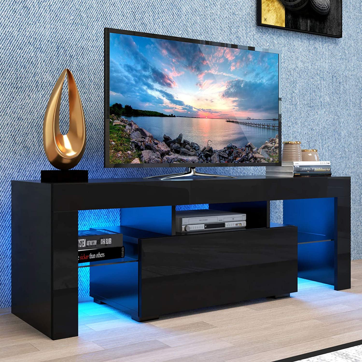 Details about   High Gloss Modern TV Stand Cabinet Unit 20 Color LED Lights Drawer for 55" TV US 