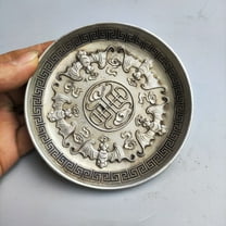 White Bronze Five Lucky Bats Dish Plates Chinese Antique