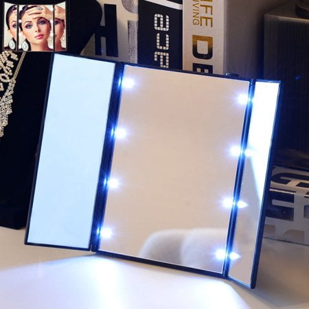 Glass Mirror Makeup Vanity Makeup Cosmetic Mirror with 8 LED Lights, Stand Foldable Tri-sided Tri-fold Lighted Beauty Vanity Mirror for Beauty Travel Compact Design ()