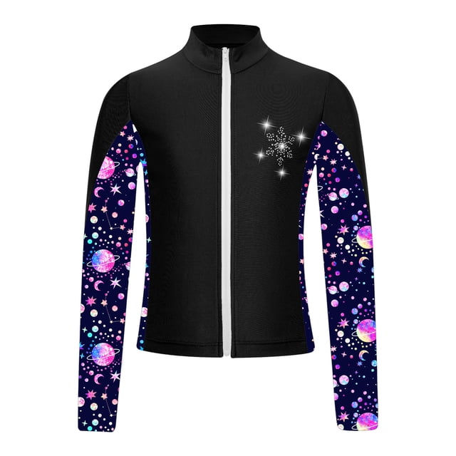 Raenseen Kids Girls Athletic Sport Jacket Zipper Figure Ice Skating Training Top Long Sleeve Sparkly Rhinestone Coat Black 16