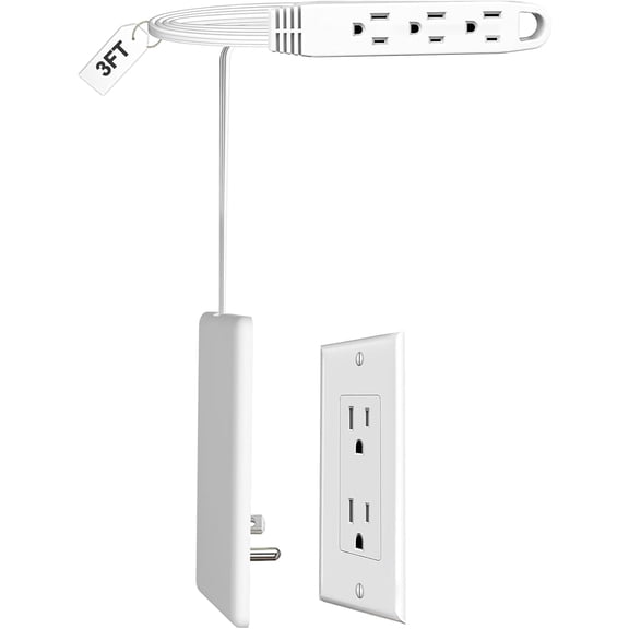 3FT Flat Plug Extension Cord Power Strip 3 Outlets White Upward