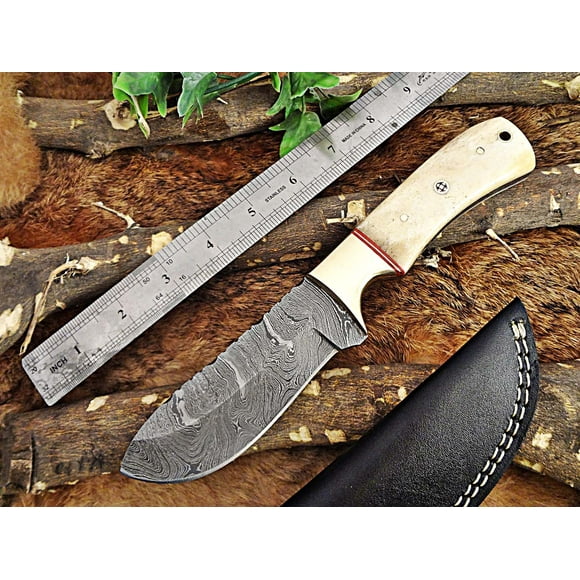 9" Long hand forged Damascus steel full tang Skinning Knife, Natural Camel Bone with Brass Bolster scale, Cow hide Leather sheath