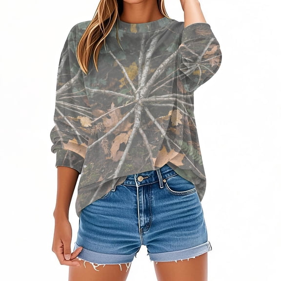 CLOISE Pullover Sweatshirts for Women No Hoodie Plus Size Crew Neck Tops Camouflage Long Sleeve Oversized Clothes