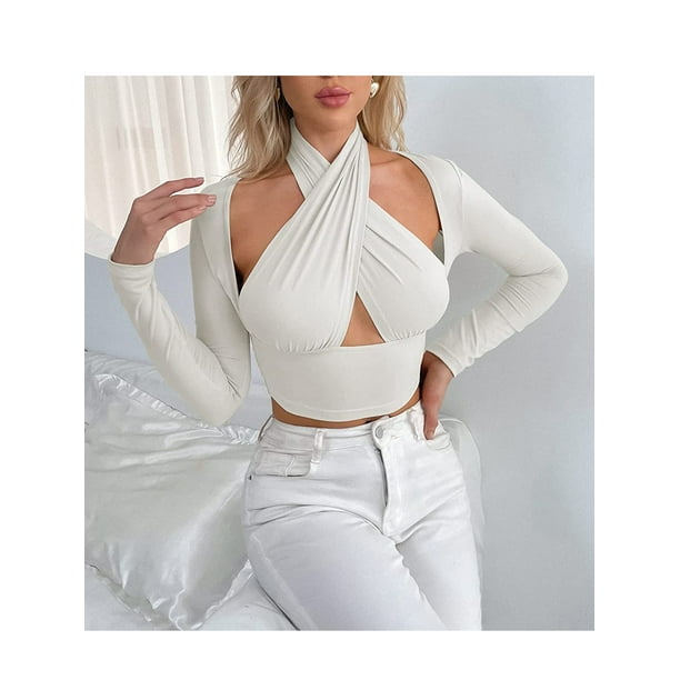 Faithtur Ladies Hollow Midriff baring Tops Hanging Neck Long Sleeve Camisole