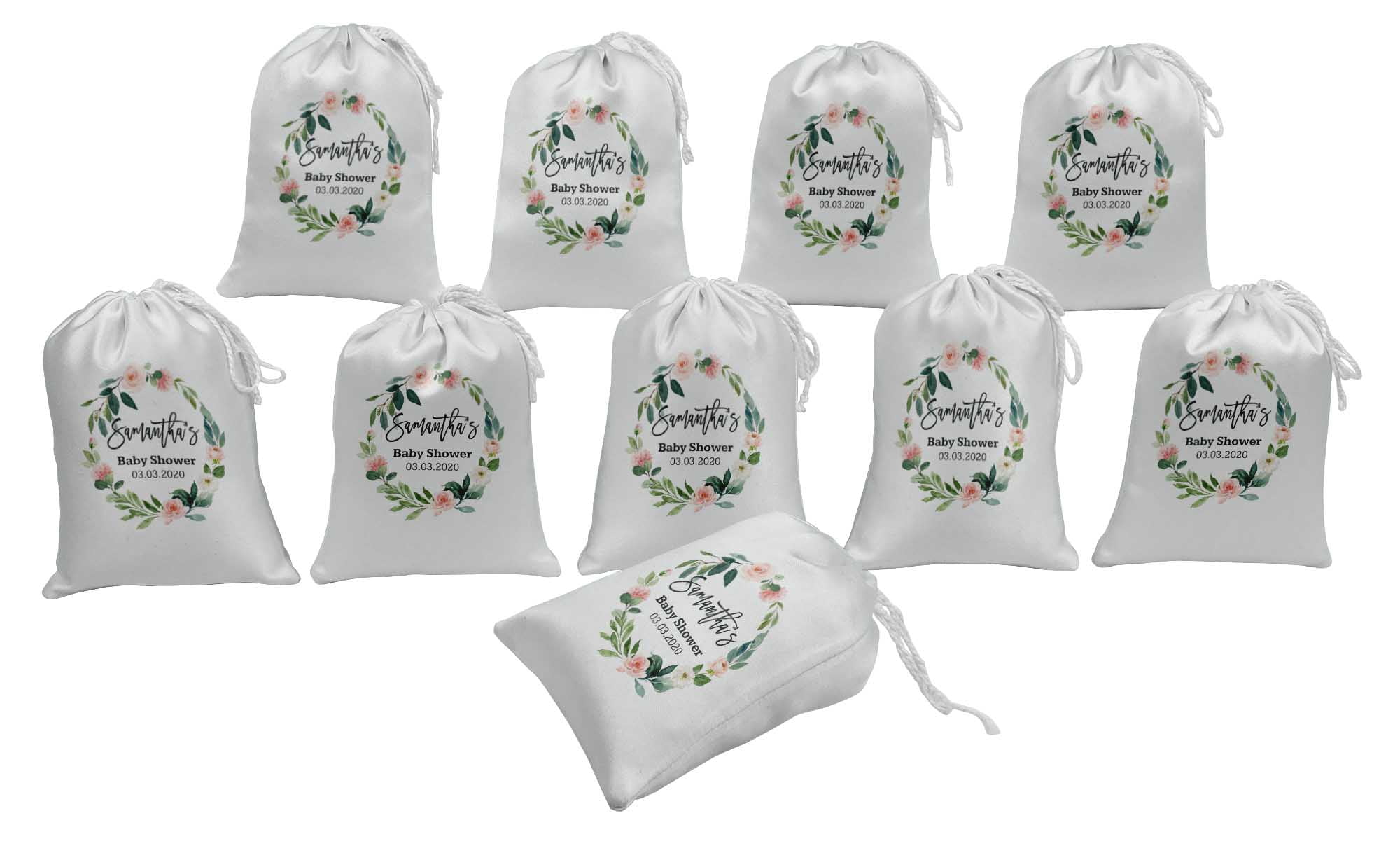 Darling Souvenir White Floral Wreath Baby Shower Custom Party SuppliesÂ&nbsp;Drawstring PouchesÂ&nbsp;Favor Bags 15 Pieces