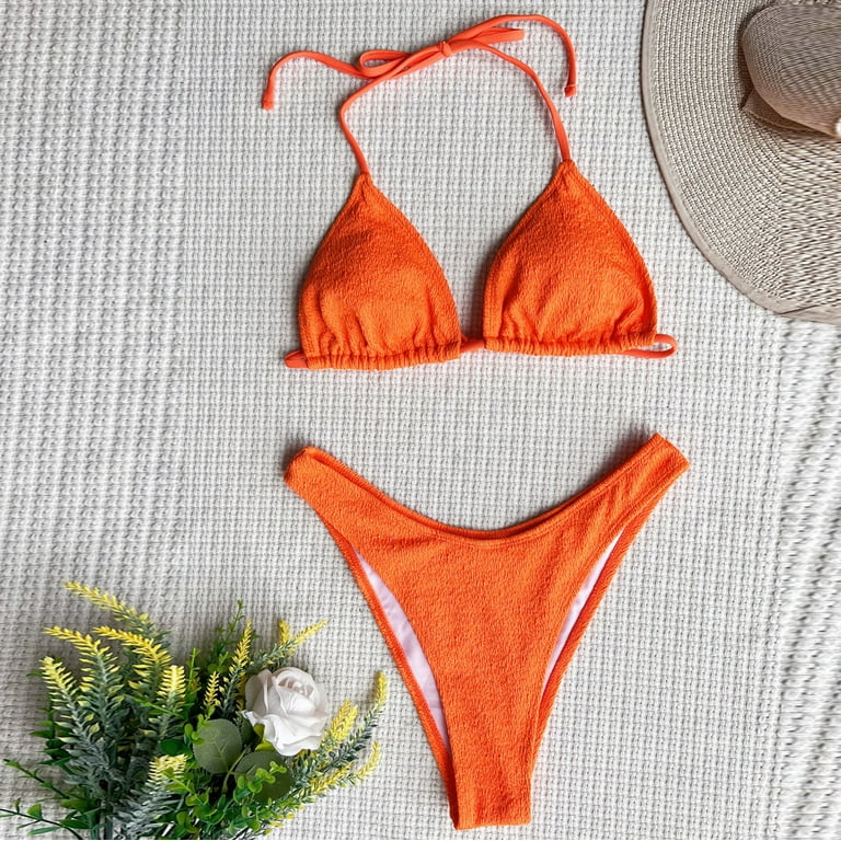 RQYYD Women's 3 Piece Swimsuits Halter Cutout Bikini Set String Bathing  Suit with Drawstring Beach Skirt Set(Orange,M)