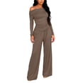 thumbnail image 2 of Women's 2 Piece Set, Off Shoulder Long Sleeve Top and Wide Leg Pants, Matching Lounge Sets for Women, Ruching Detail Loose Outfit for Casual Wear, Daily Outfits and Relaxation-Coffee, 2 of 8