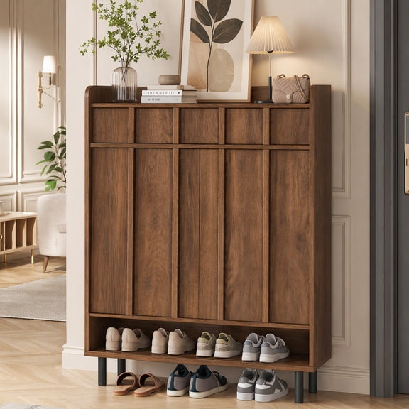 Seetech 6-Tier Shoe Storage Cabinet with Adjustable Shelves and Drawer, Wooden Shoe Organizer Rack for Entryway, Hallway, Entrance, Walnut