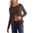 thumbnail image 1 of Aocisk Button Front Cardigan for Women Solid Color Slim Fit Long Sleeved Jacket Round Neck Knitted Ribbed Top Coffee XL, 1 of 9
