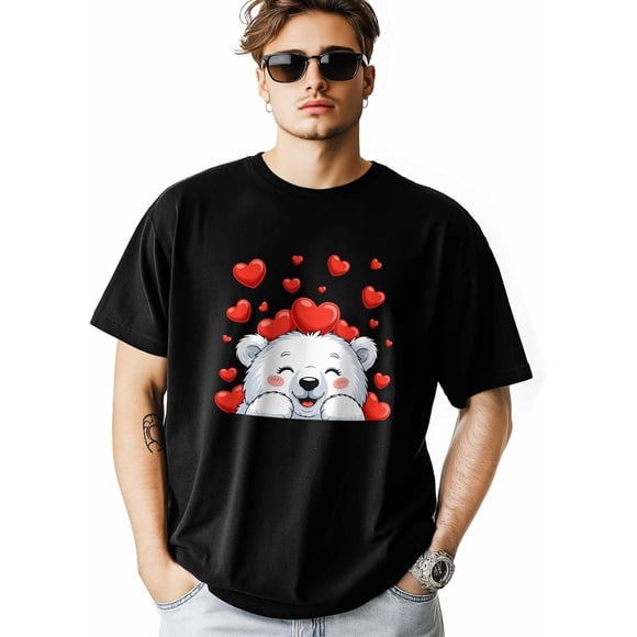 T-Shirts for Men, Valentine's Day Bear Love Crew Neck Cotton T-Shirt Men's Short Sleeve Cartoon Animal Heart