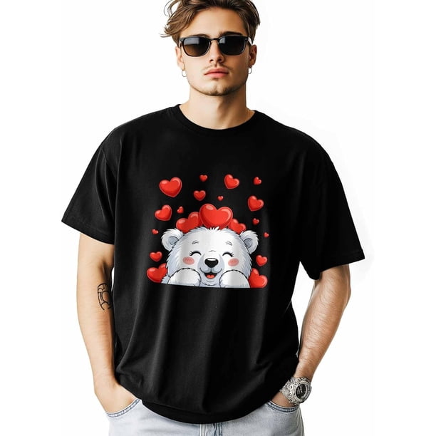T-Shirts for Men, Valentine's Day Bear Love Crew Neck Cotton T-Shirt Men's Short Sleeve Cartoon Animal Heart