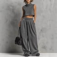 thumbnail image 2 of mihongmao Summer 2 Piece Sets For Women Dressy Club Outfits Women Turtleneck Sleeveless Crop Top 2 Piece Outfit Casual Loose Wide Leg Sweatpants Set With Pockets Gray M, 2 of 5