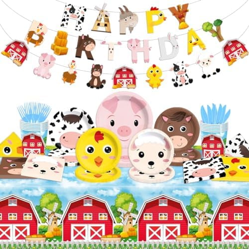 Farm Birthday Decorations-142Pcs Farm Animals Tableware Barnyard Themed Plates and Napkins Kit Farm Birthday Party Supplies for 20 Guest$$Home Decor, Kitchen, & Other