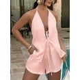 thumbnail image 5 of Women'S Summer Solid Loose Fit Sexy- Backless Halter Tie Front Tops and High Waisted Shorts 2 Piece Pink M, 5 of 9